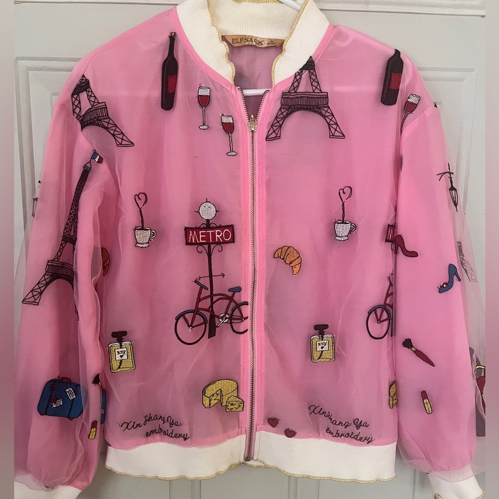 ELFSACK Viva La Paris pink Embroidered tulle bomber jacket size Small.